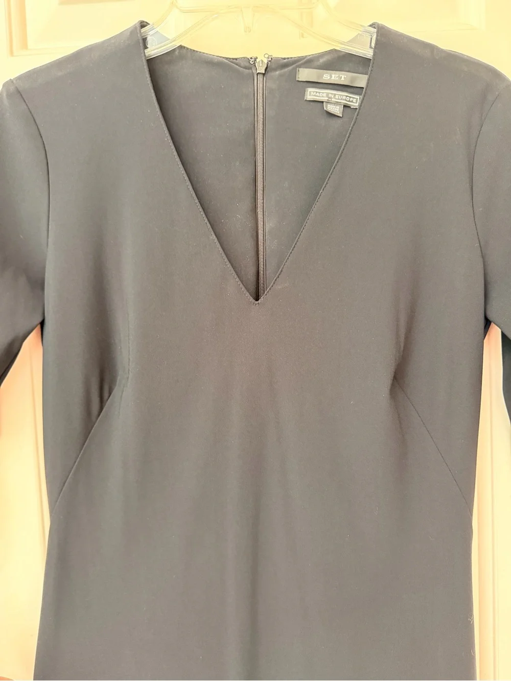 SET Black V-Neck Knee Length Sheath Dress, Fitted Stretch, Short Sleeve, Sz S - Picture 2 of 16